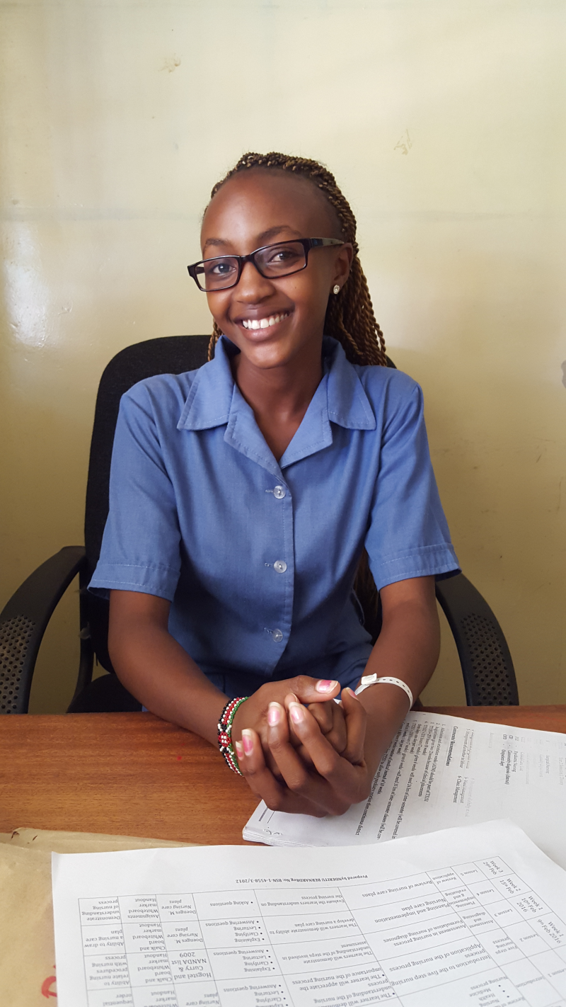Justina Muthoni Kamau, a second-year student working toward her diploma in nursing at KMTC, has completed K4Healthâs IVR Training on Family Planning. Photo by Nandini Jayarajan.